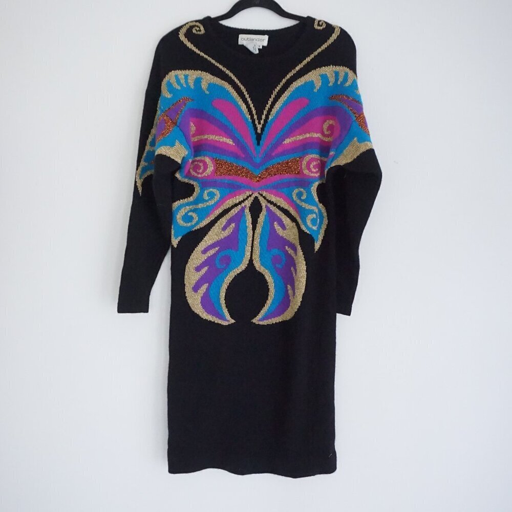 VTG Outlander Black Abstract Knit Dress Wool Boho Artwear Statement Metallic S